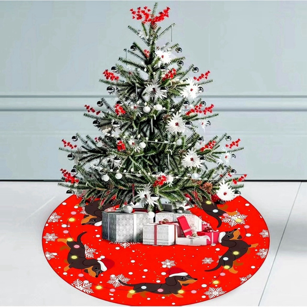 Dachshund Doxie Christmas Tree Skirt Dog Santa Hat Funny Tree Mat Red 48 inch - Picture 3 of 10